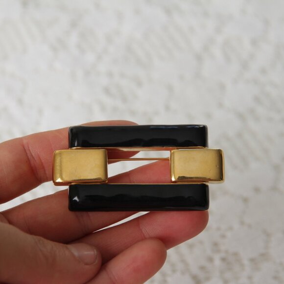 Monet Gold and Black Rectangle Enamel Brooch - Picture 5 of 5